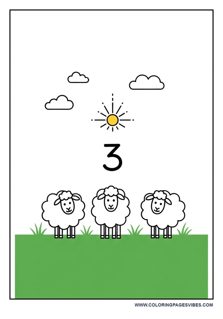 Count 3 Sheep Coloring Page