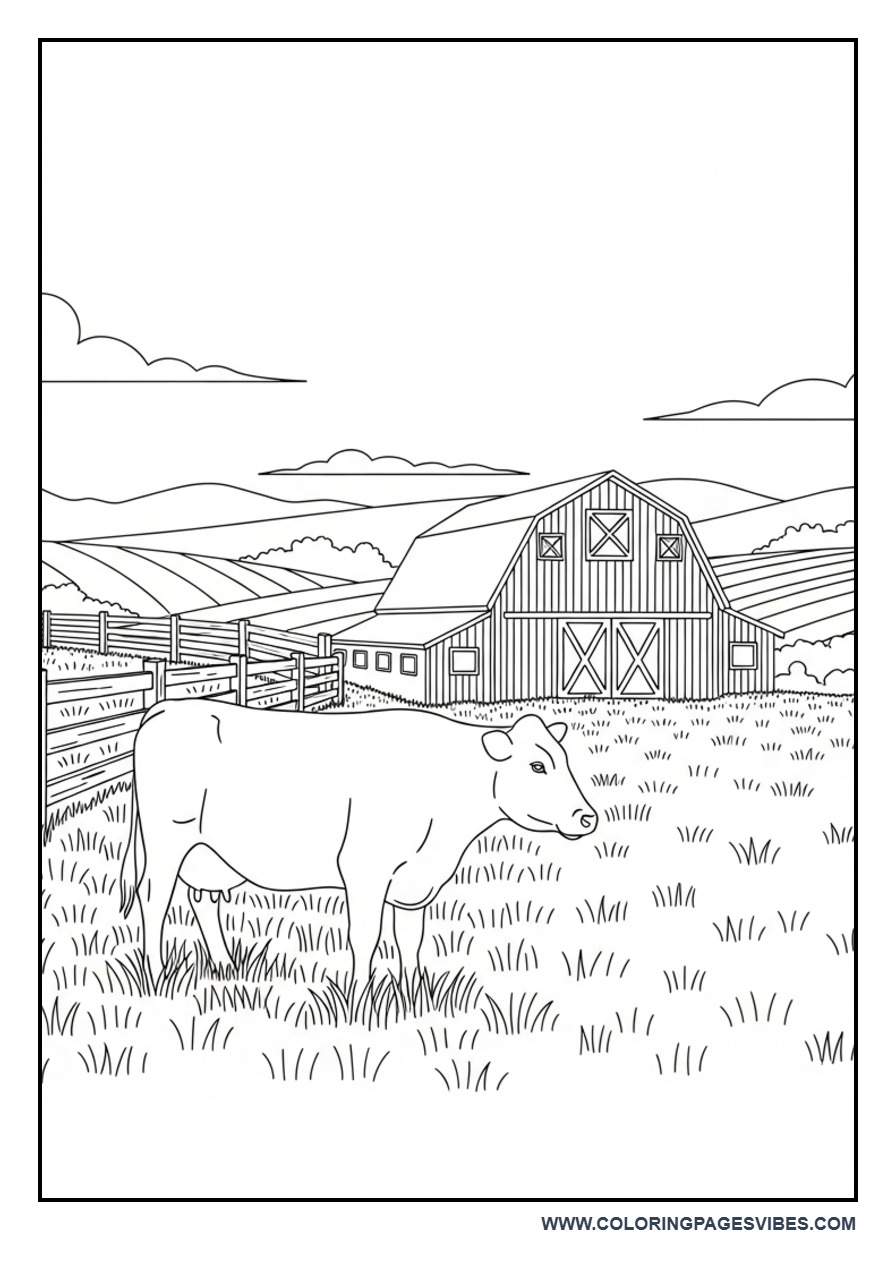 Cow and Barn Farm Landscape Coloring Page