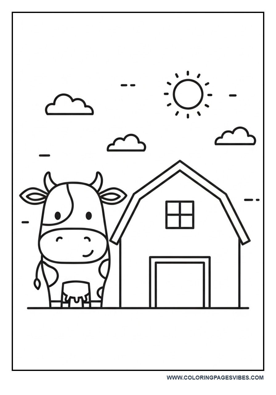 Cow Near Barn Coloring Page
