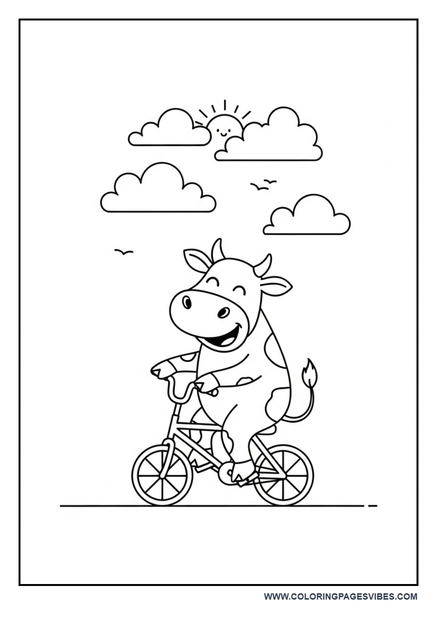 Cow Riding Bicycle Coloring Page