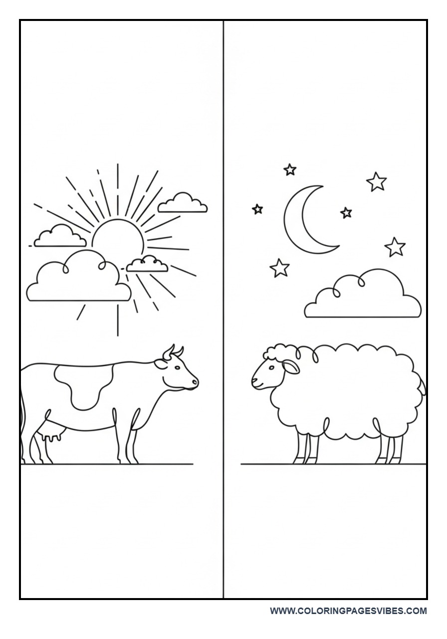 Day and Night Farm Scene Coloring Page