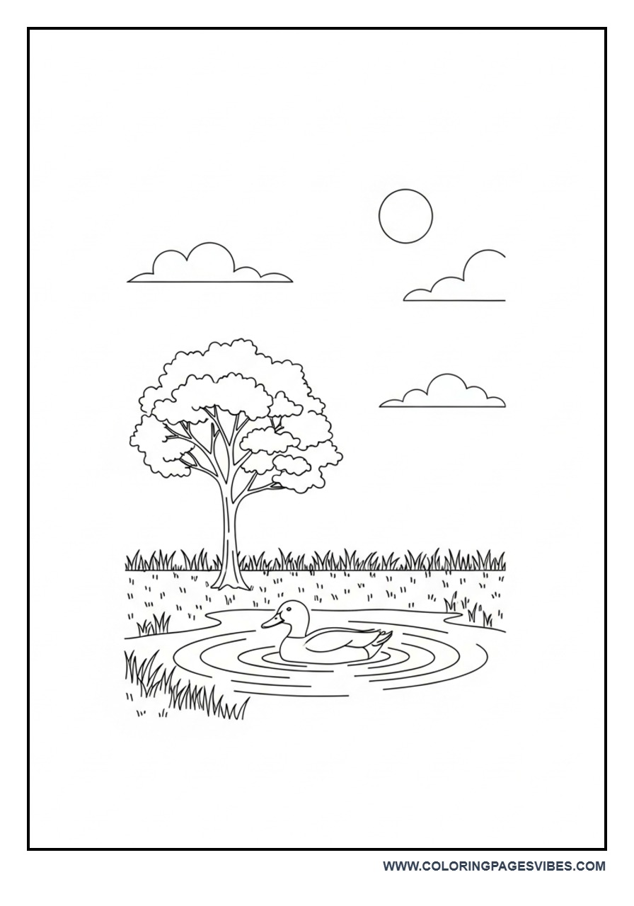 Duck Pond Farm Scene Coloring Page