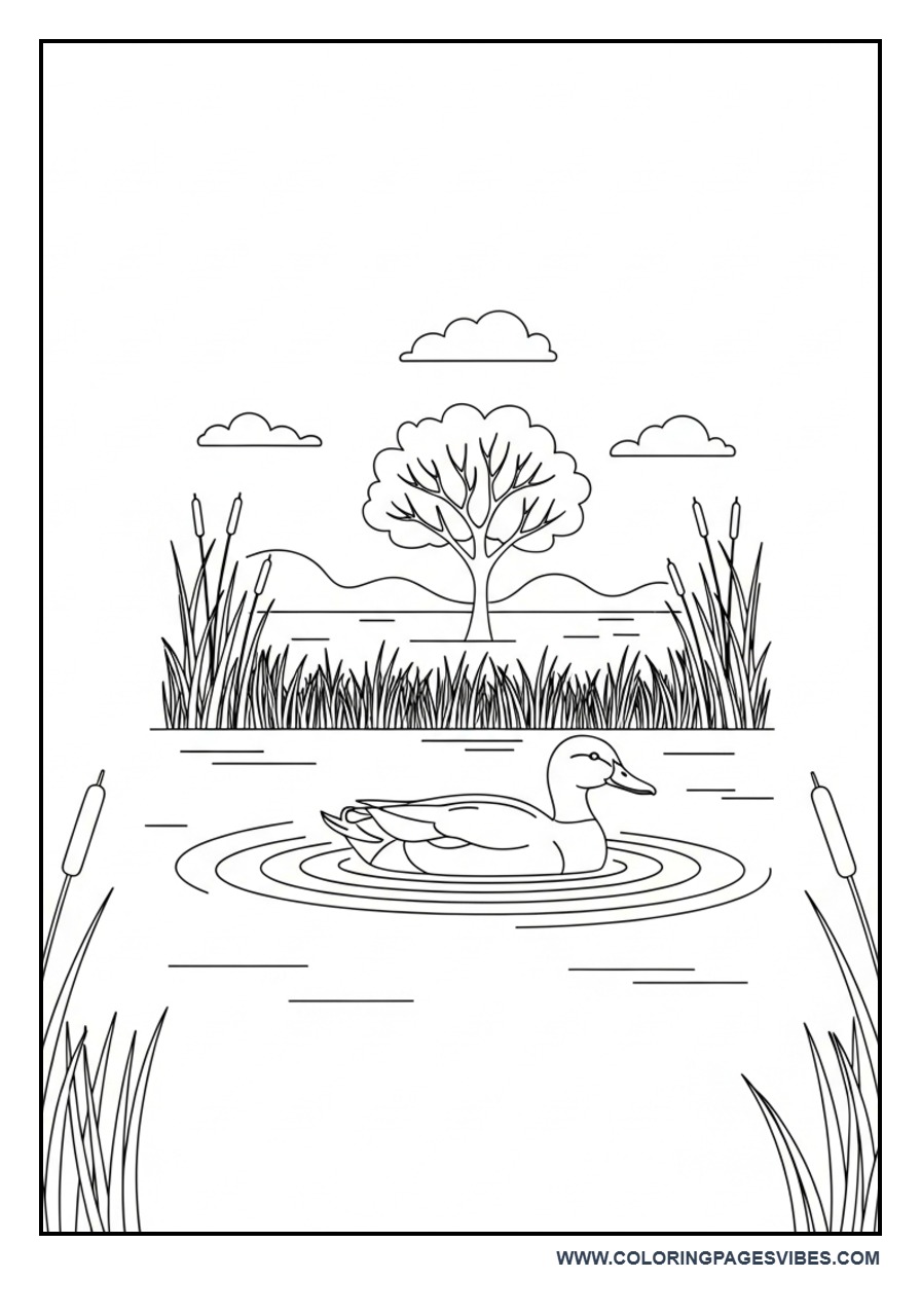 Duck Pond Nature Scene Coloring Page