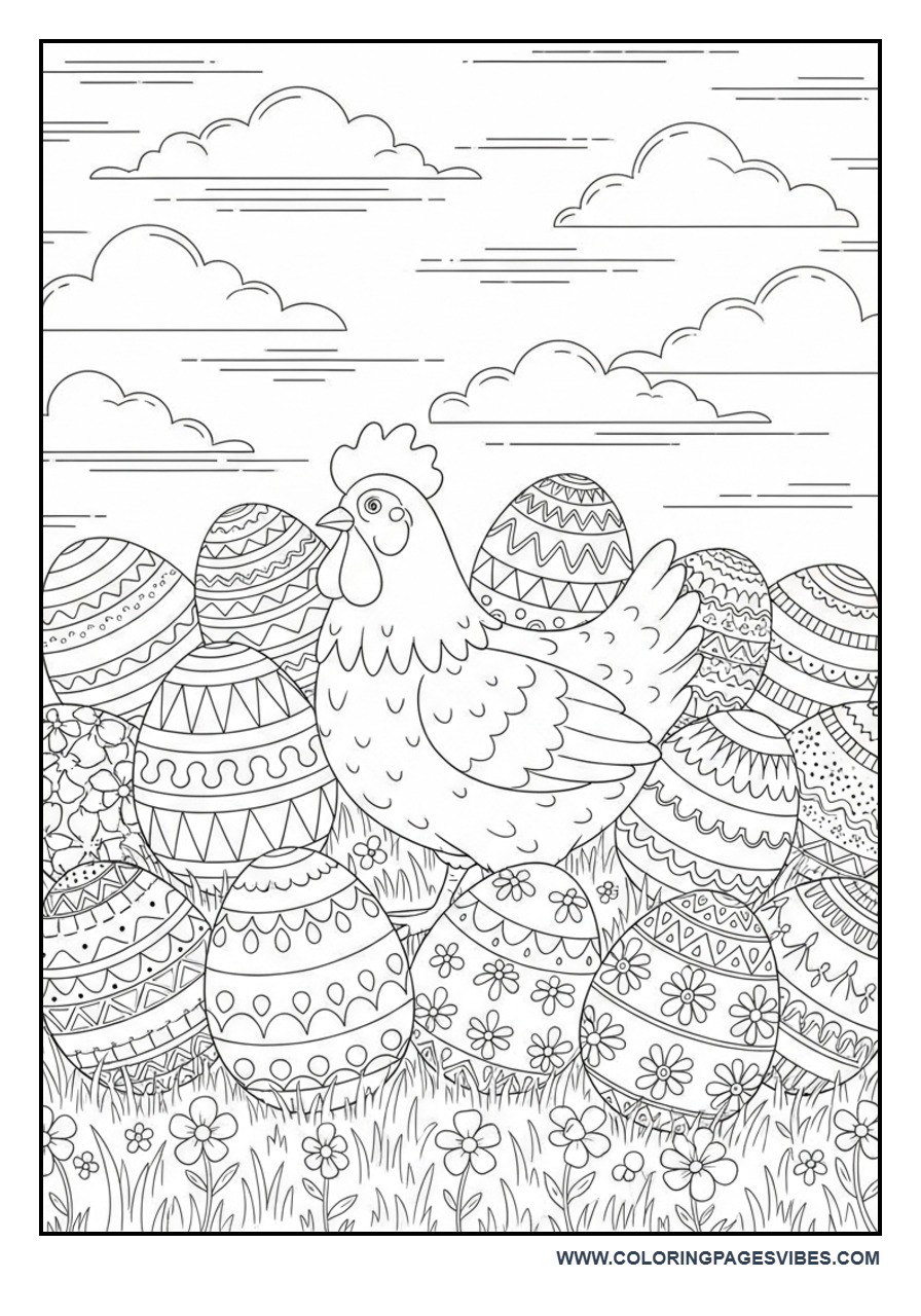 Easter Chicken with Eggs Coloring Page
