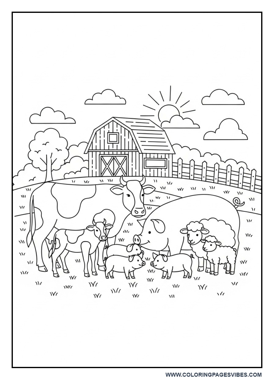Farm Animal Family Scene Coloring Page