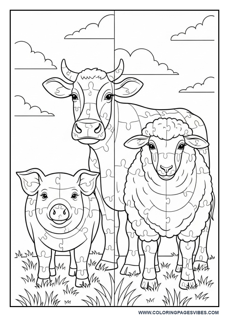 Farm Animal Puzzle Style Coloring Page