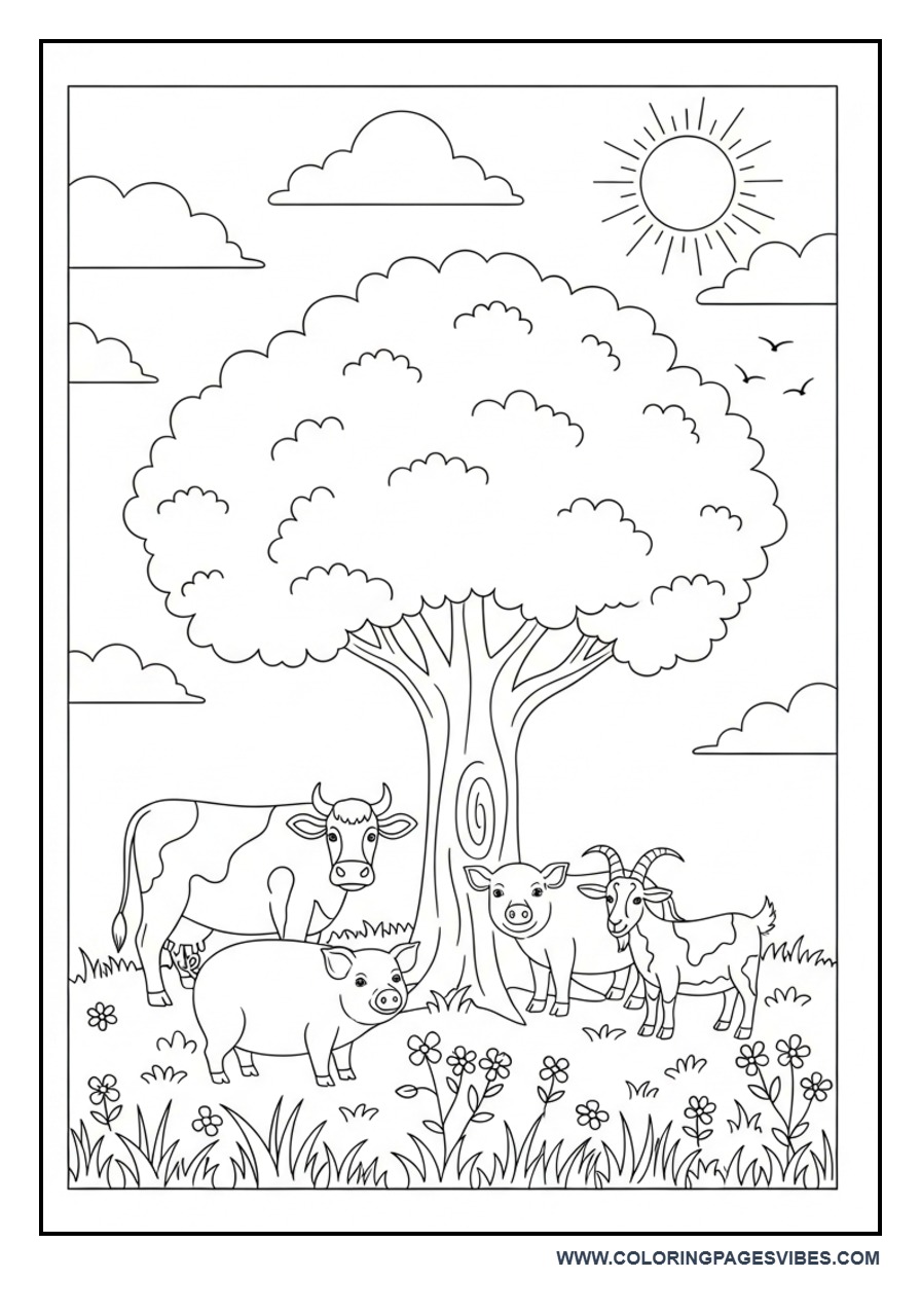 Farm Animals Around Tree Coloring Page