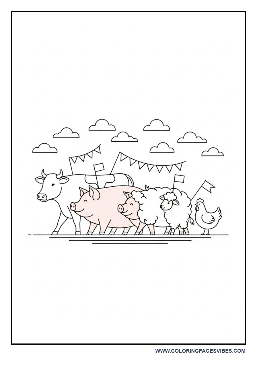 Farm Animals Parade Coloring Page