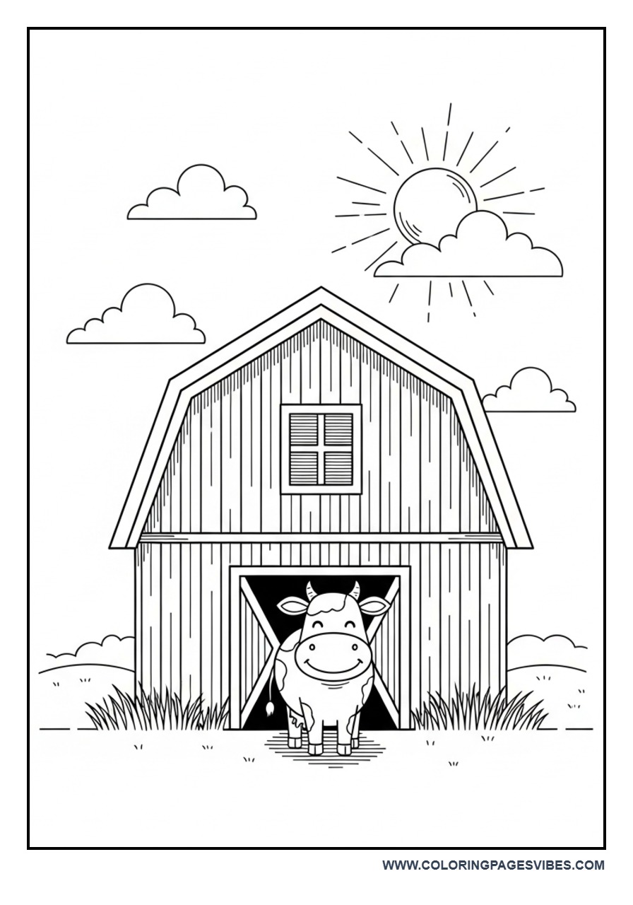 Farm Barn with Cow Coloring Page