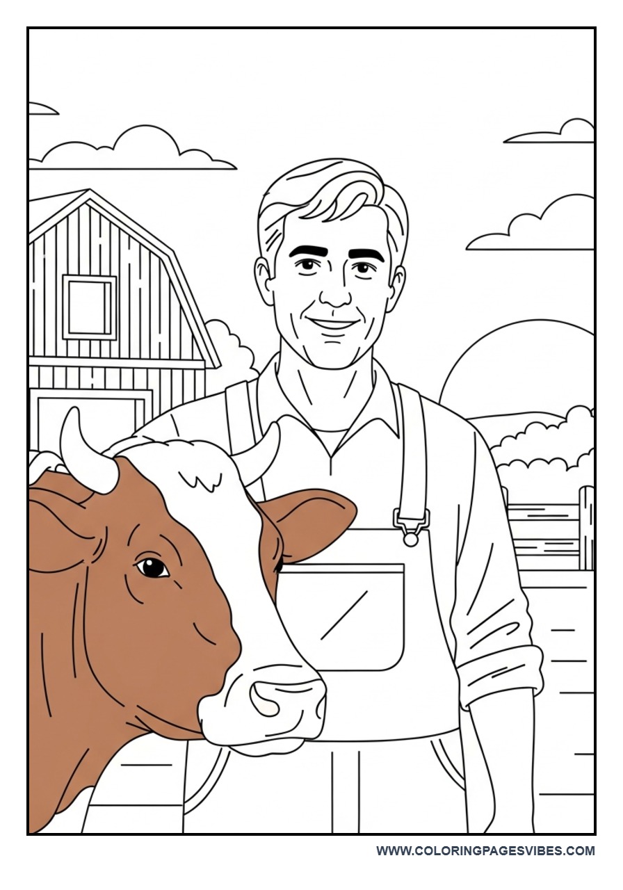 Farmer and Cow Simple Scene Coloring Page