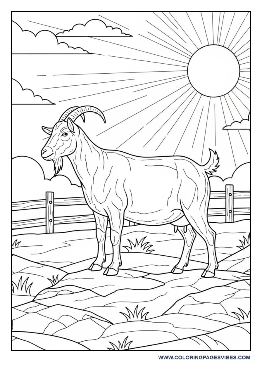 Goat on Rocky Farm Hill Coloring Page