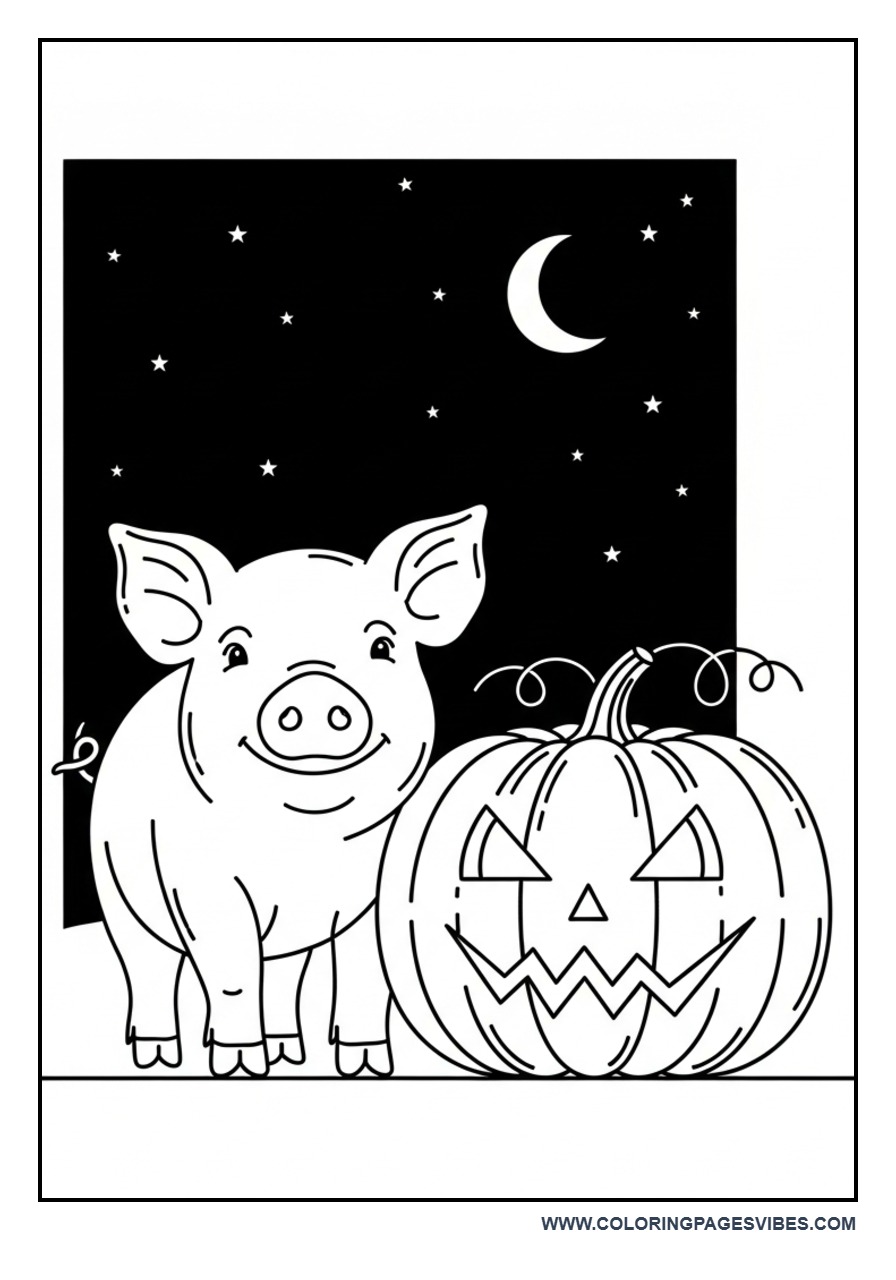 Halloween Pig with Pumpkin Coloring Page