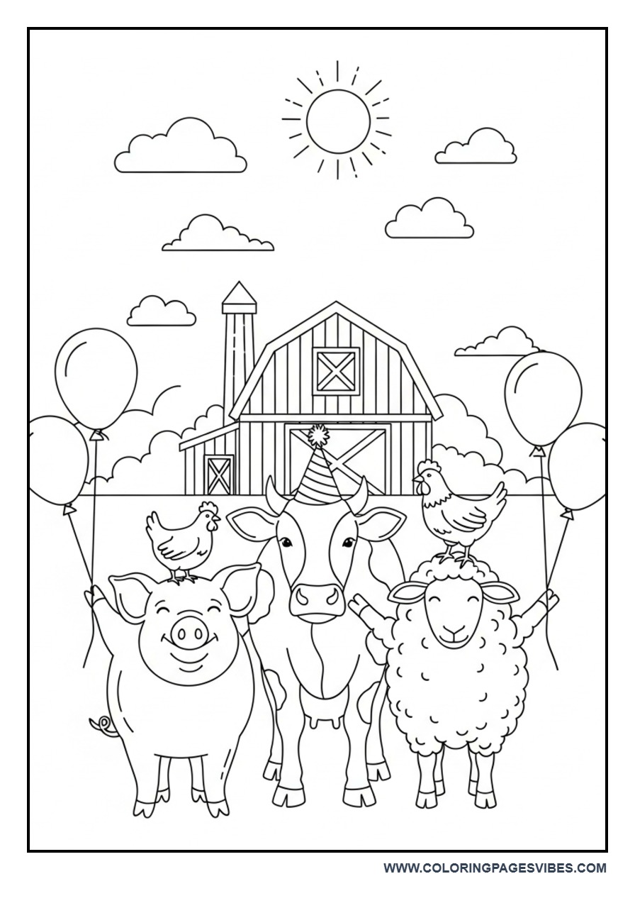 Happy Farm Celebration Scene Coloring Page