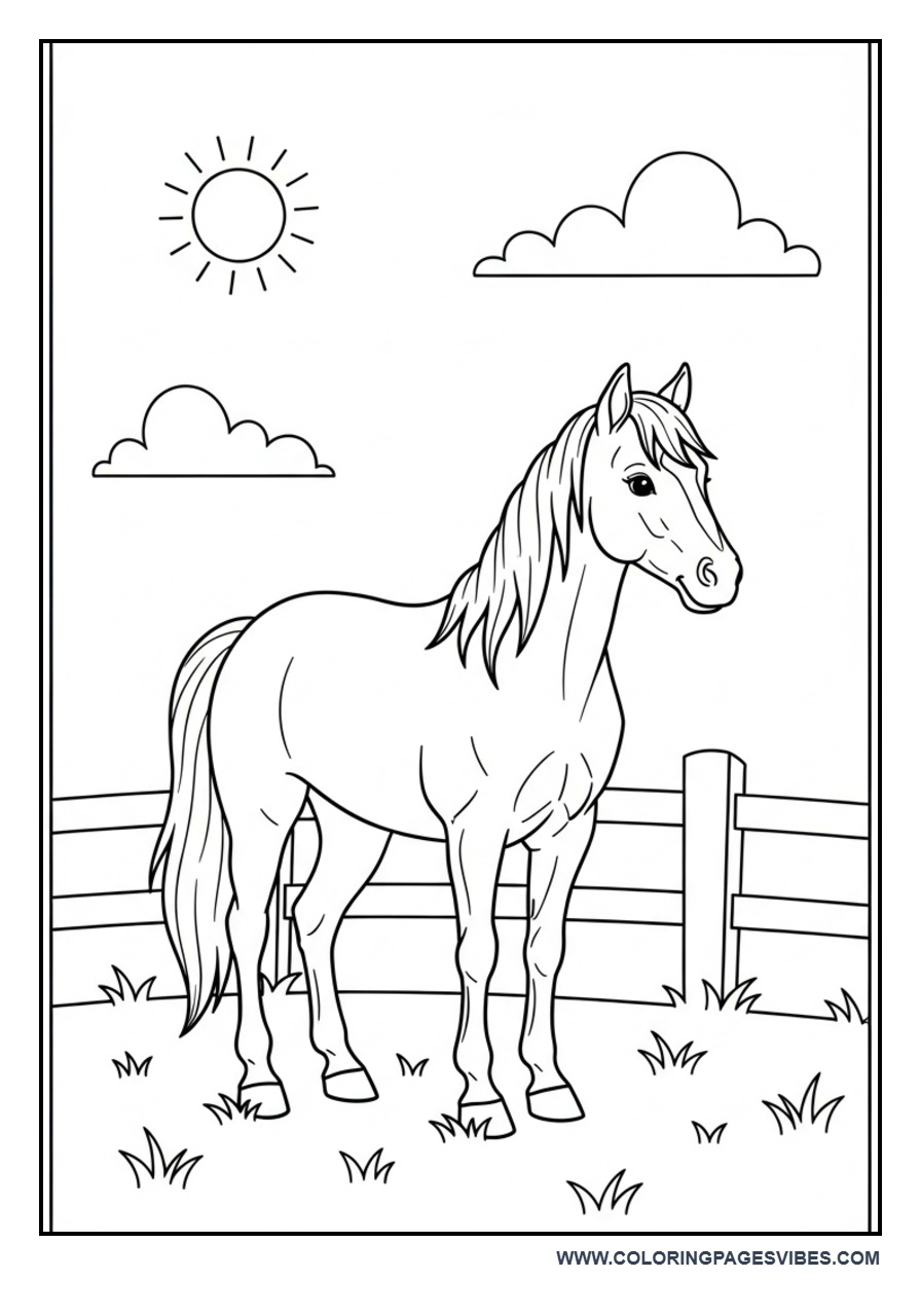 Horse in Farm Scene Coloring Page