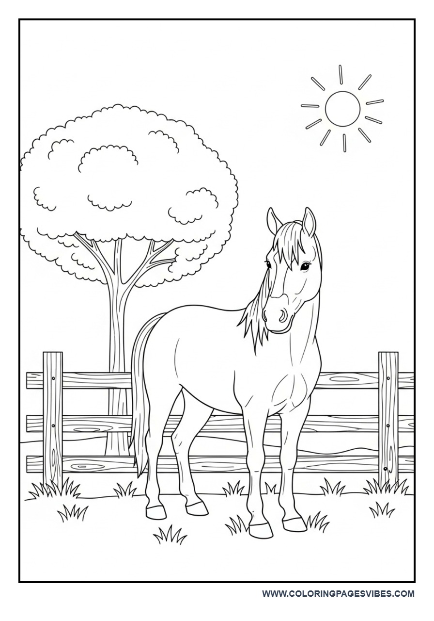 Horse Near Fence Coloring Page