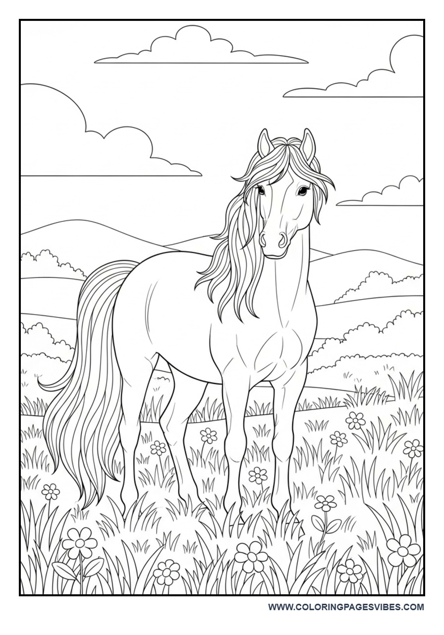 Horse Standing in Meadow Coloring Page