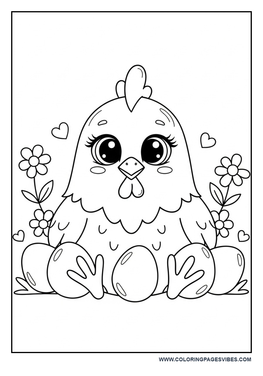 Kawaii Chicken with Eggs and Flowers Coloring Page