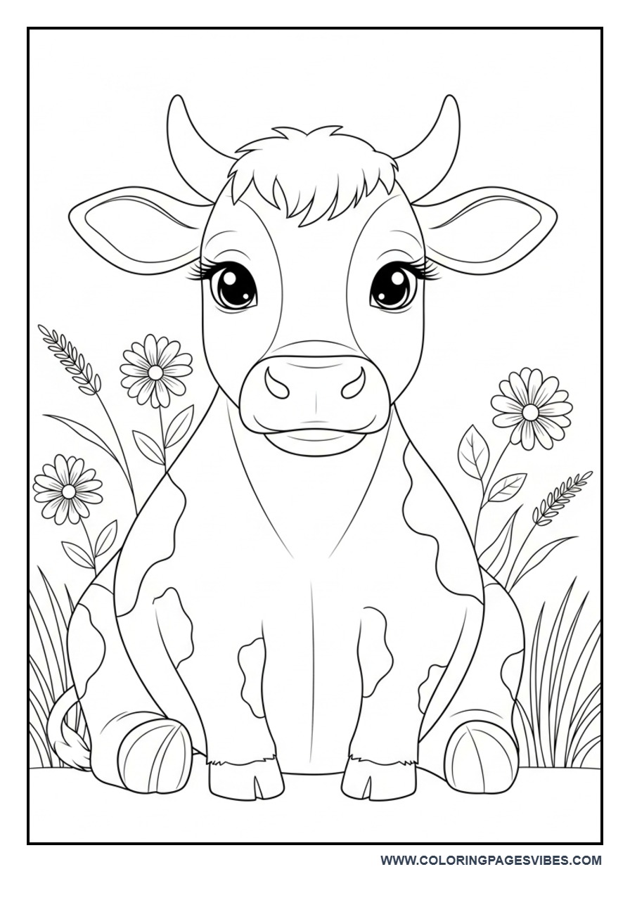 Kawaii Cow Sitting with Flowers Coloring Page