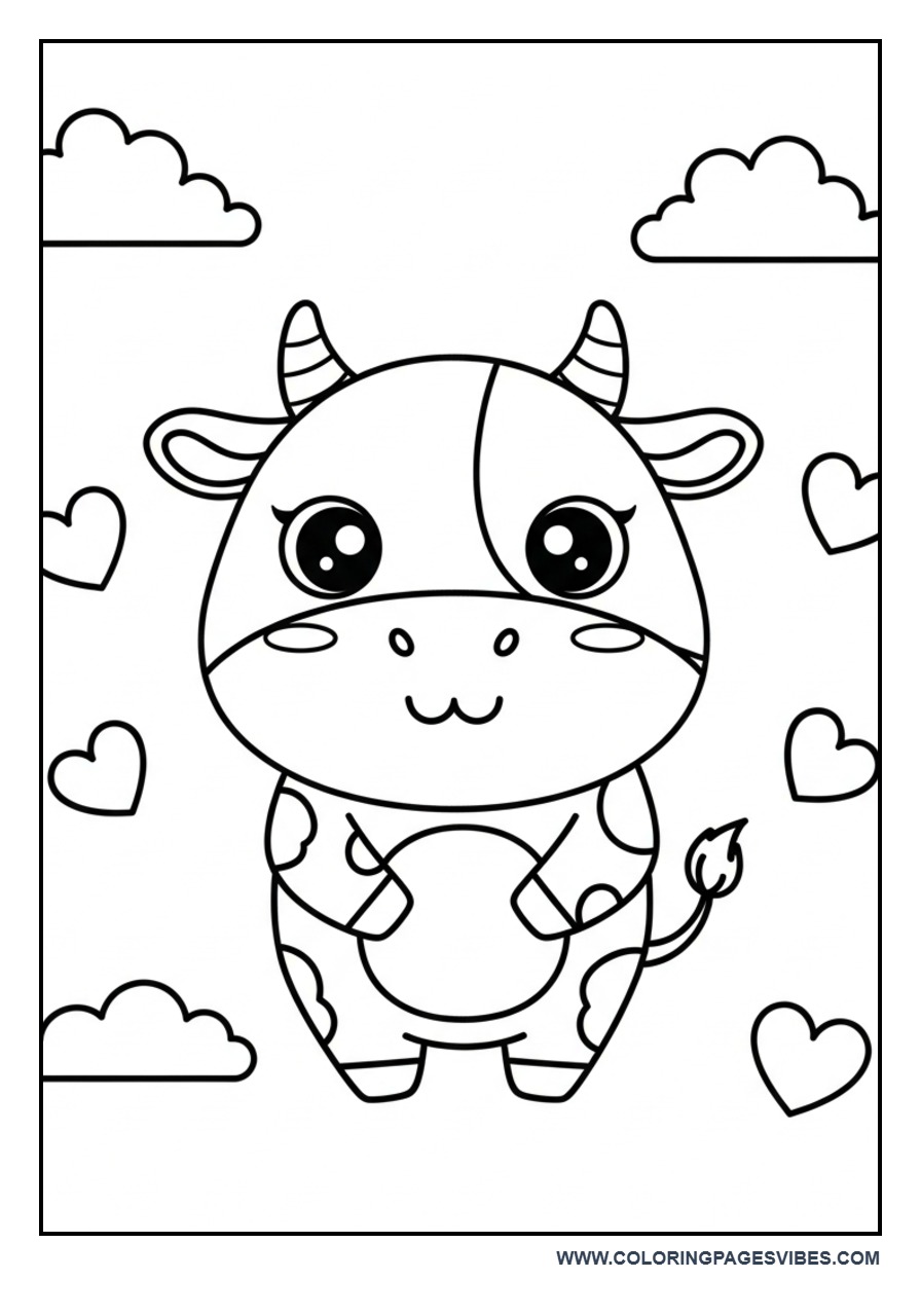 Kawaii Cow with Hearts Coloring Page