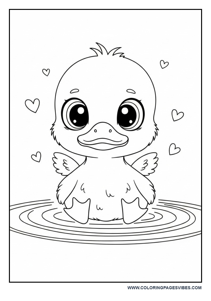 Kawaii Duck with Water Ripples Coloring Page