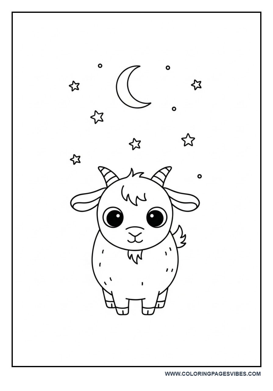 Kawaii Goat with Stars and Moon Coloring Page