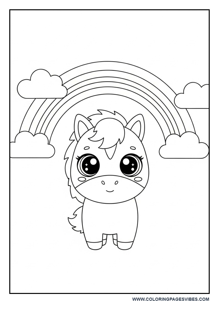 Kawaii Horse with Rainbow Coloring Page