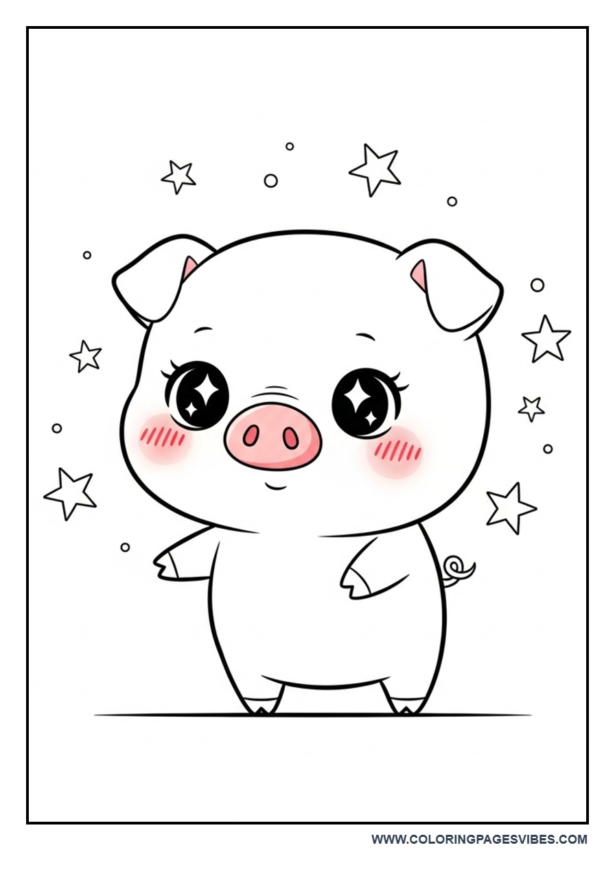 Kawaii Pig with Stars Coloring Page