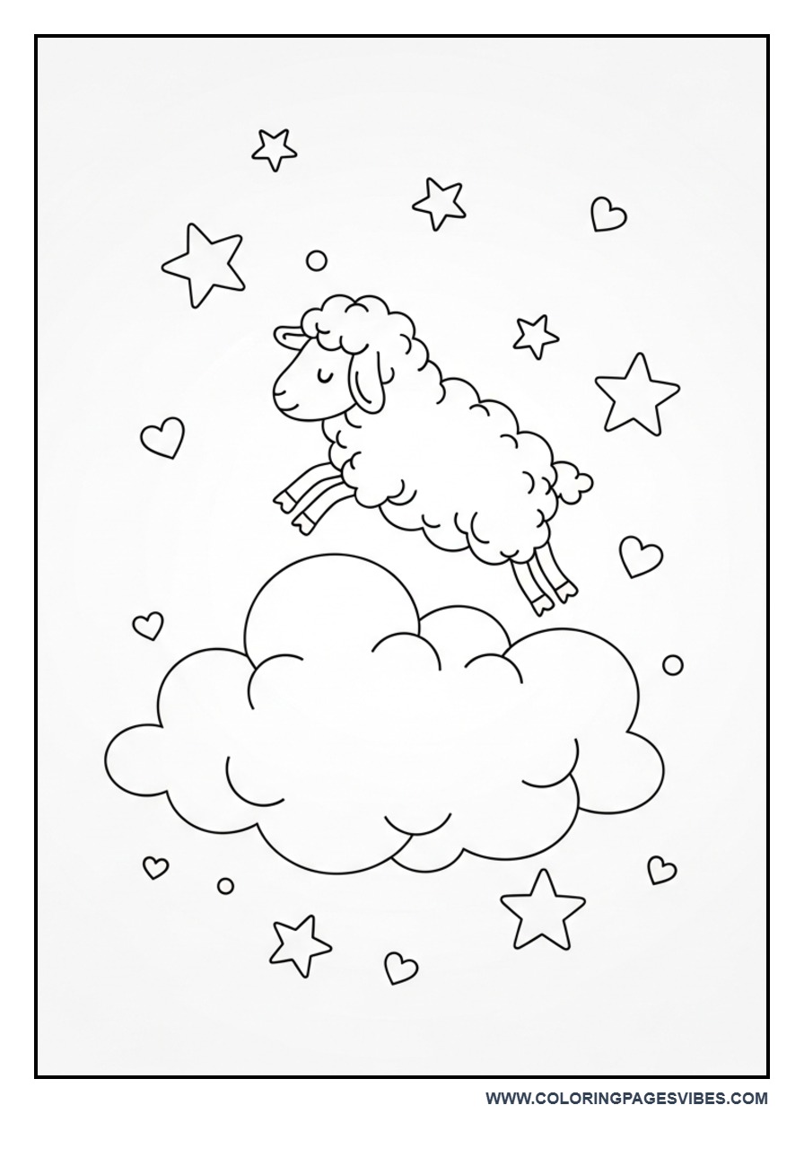 Kawaii Sheep Jumping on Cloud Coloring Page