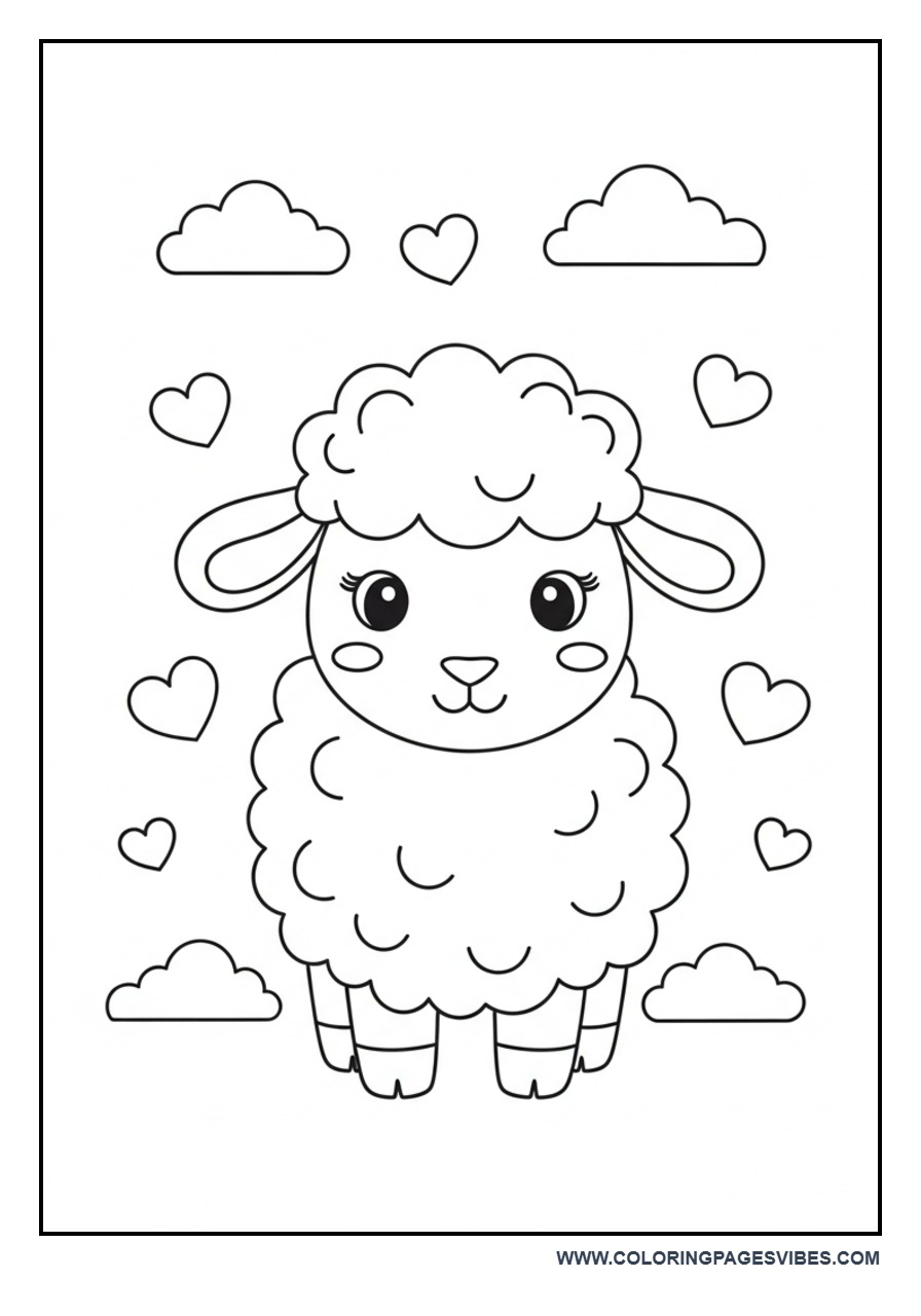 Kawaii Sheep with Hearts and Clouds Coloring Page
