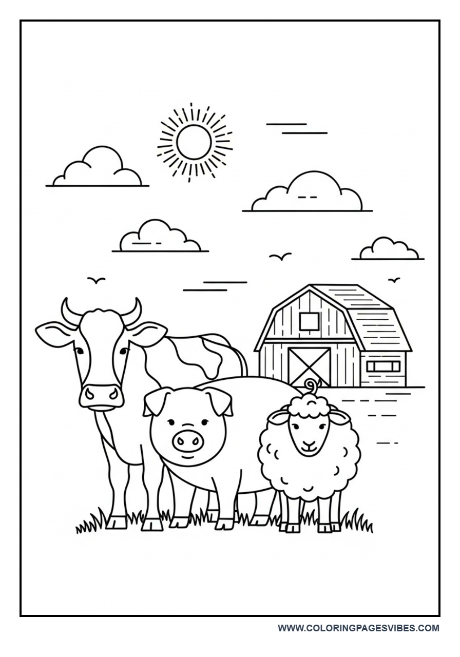 Mixed Farm Animals Scene Coloring Page