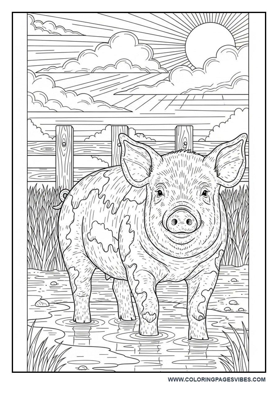 Pig in Mud Farm Scene Coloring Page