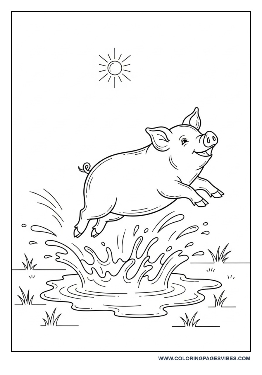 Pig Jumping in Mud Coloring Page
