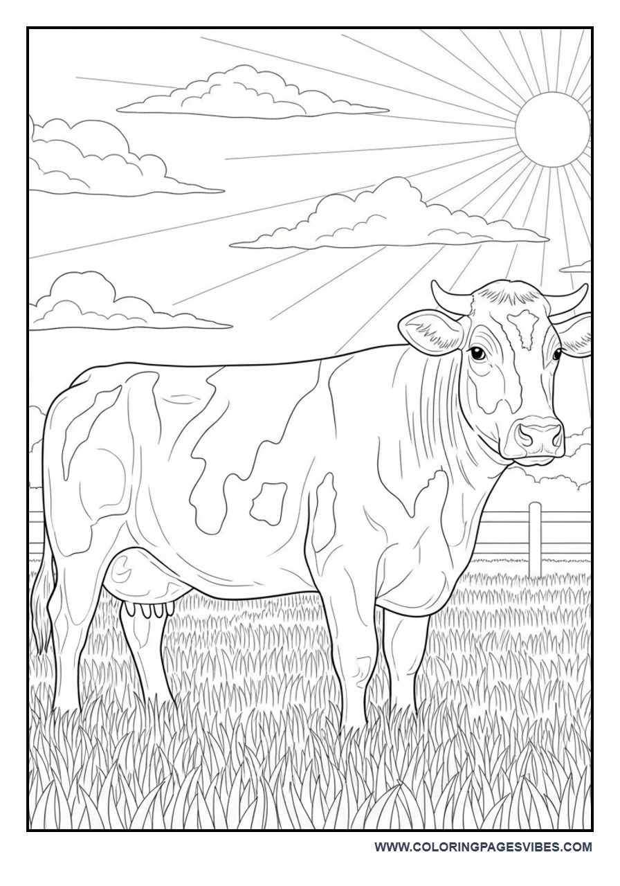 Realistic Cow in Farm Field Coloring Page