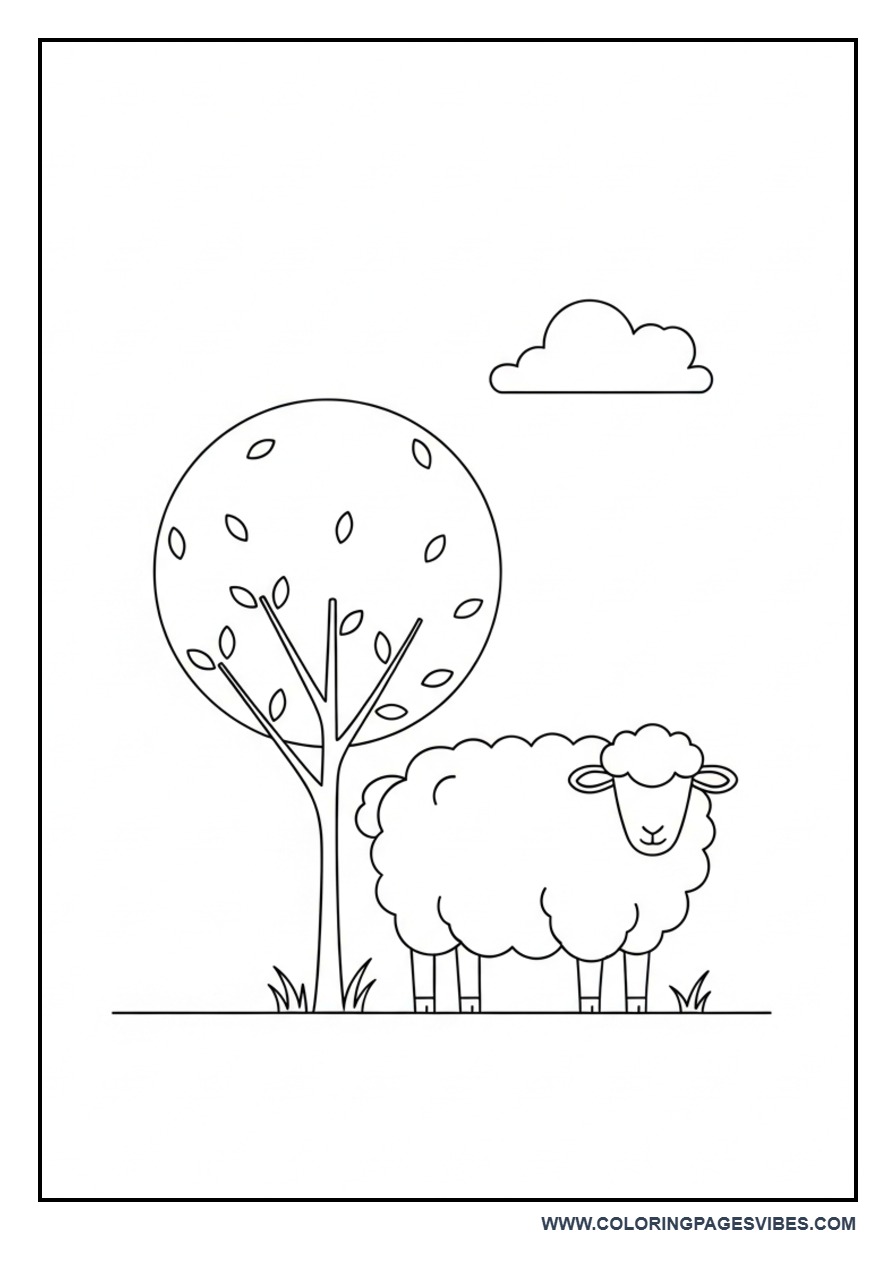 Sheep and Tree Coloring Page