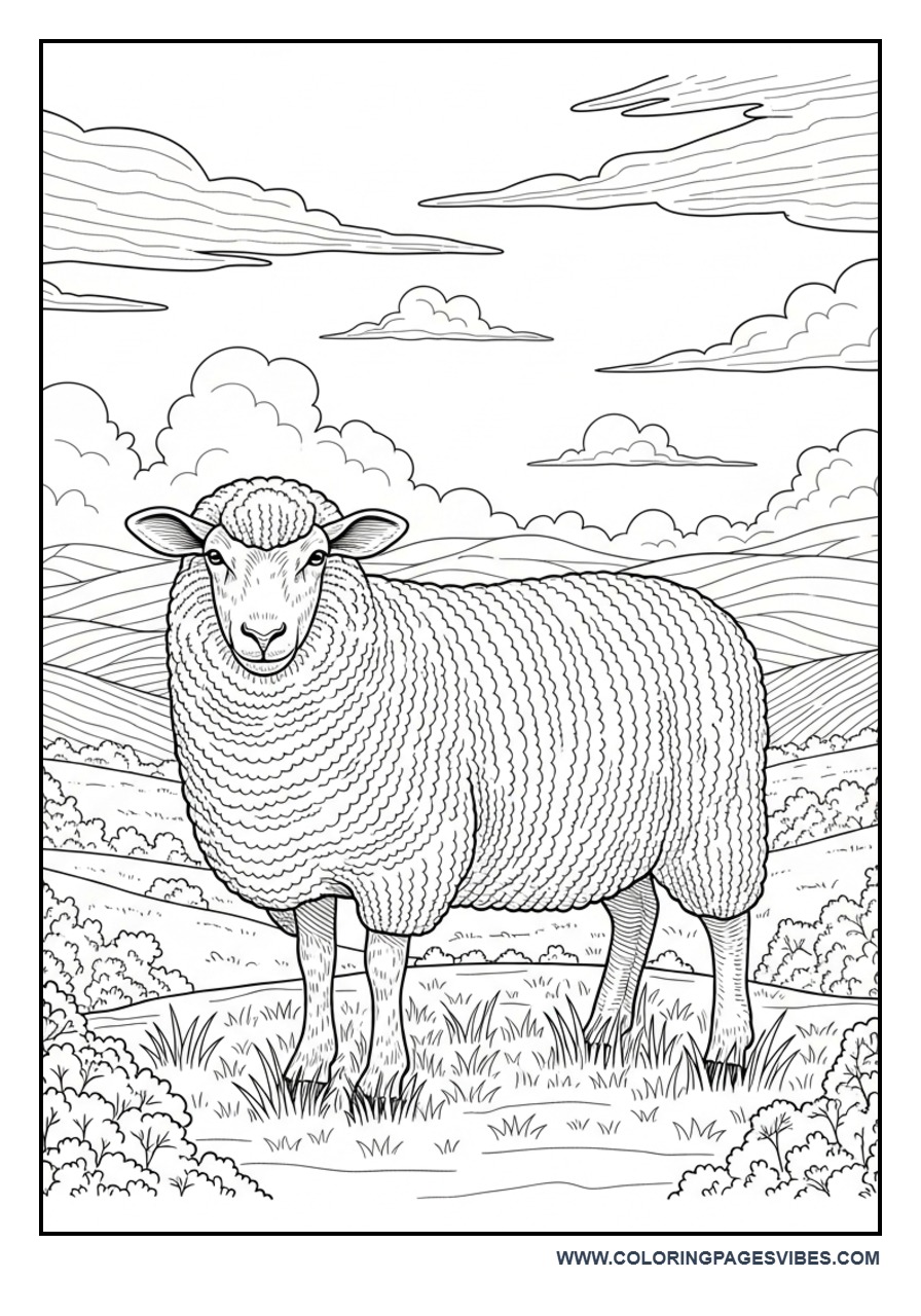 Sheep in Countryside Coloring Page