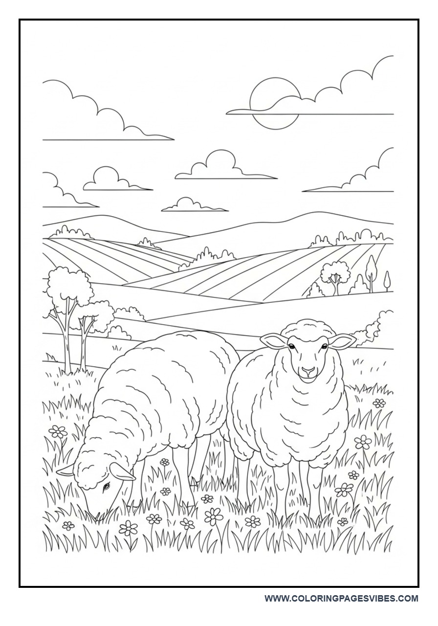 Sheep in Farm Field Coloring Page