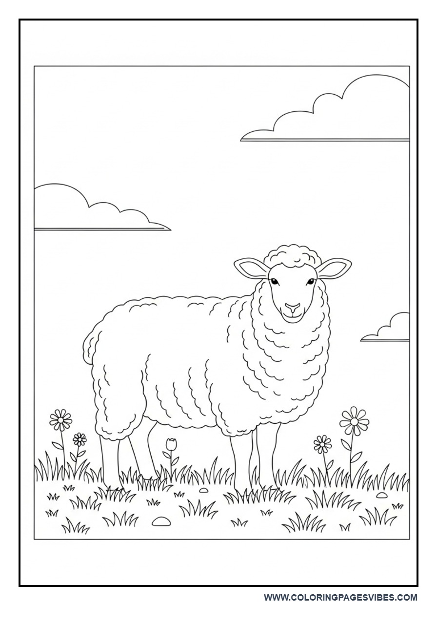 Sheep in Meadow Coloring Page