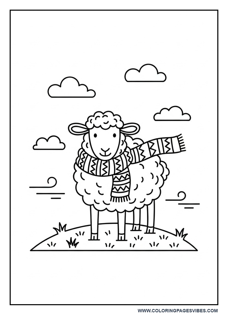 Sheep Wearing Scarf Coloring Page