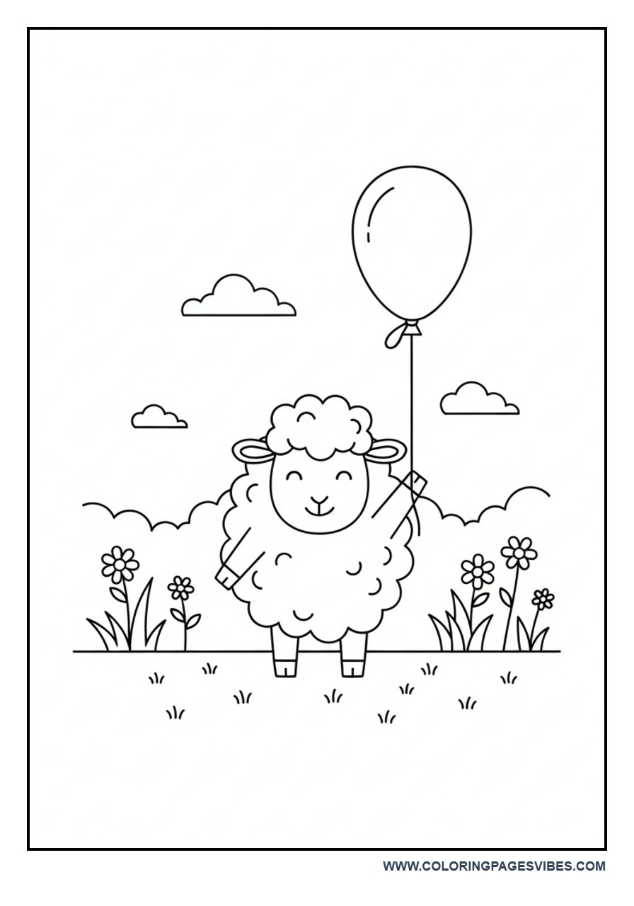 Sheep with Balloon Coloring Page