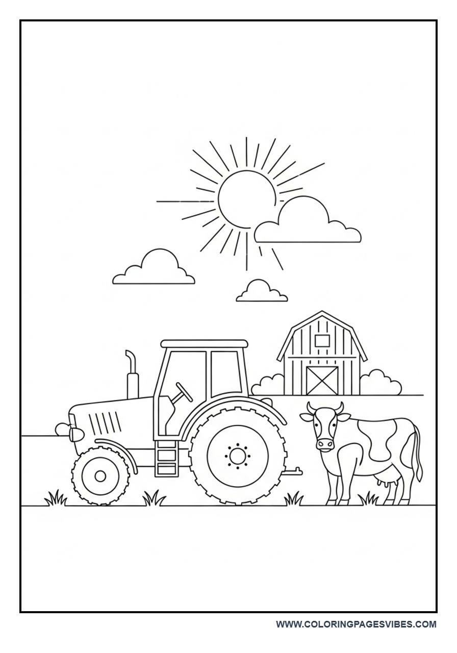 Tractor and Cow Farm Scene Coloring Page