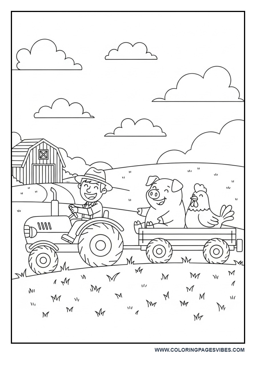 Tractor Ride with Animals Coloring Page