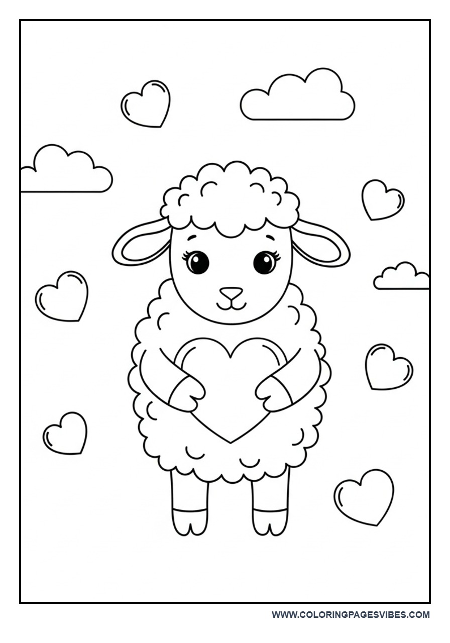 Valentine Sheep with Hearts Coloring Page