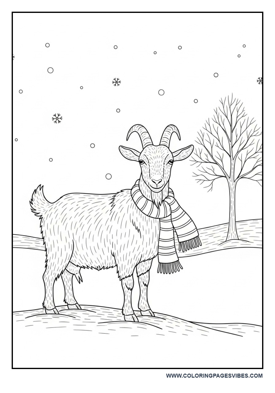 Winter Goat in Snow Coloring Page