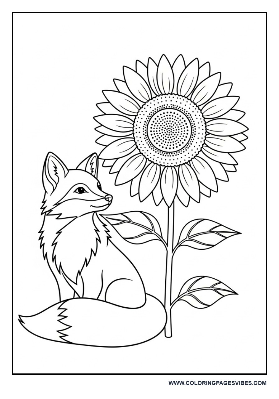 Fox Sitting with Big Sunflower