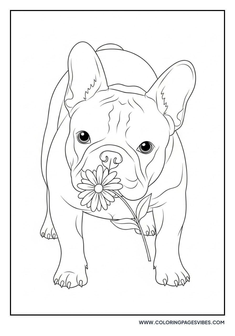 French Bulldog Sniffing Flower
