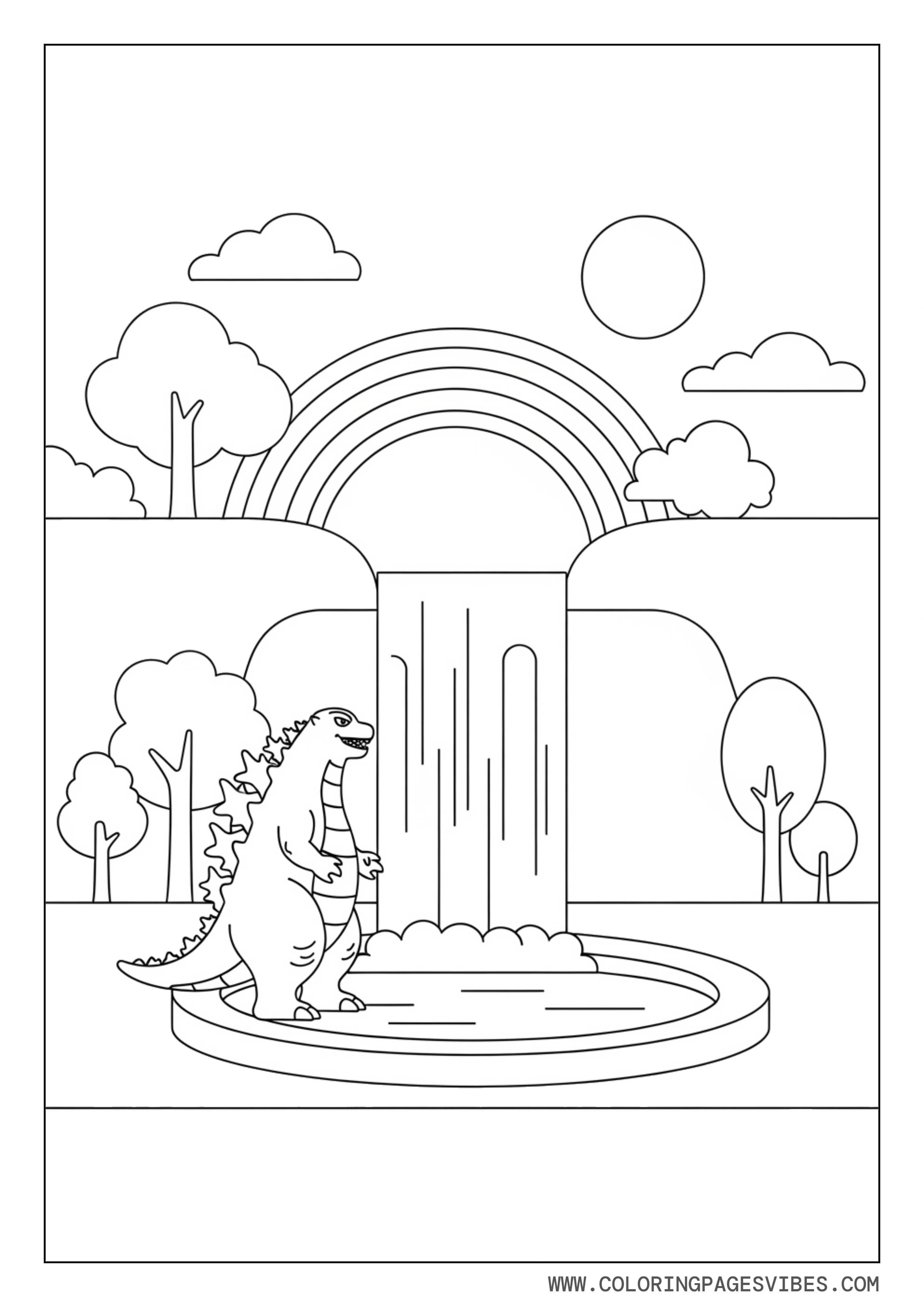Godzilla at a Simple Rainbow Waterfall