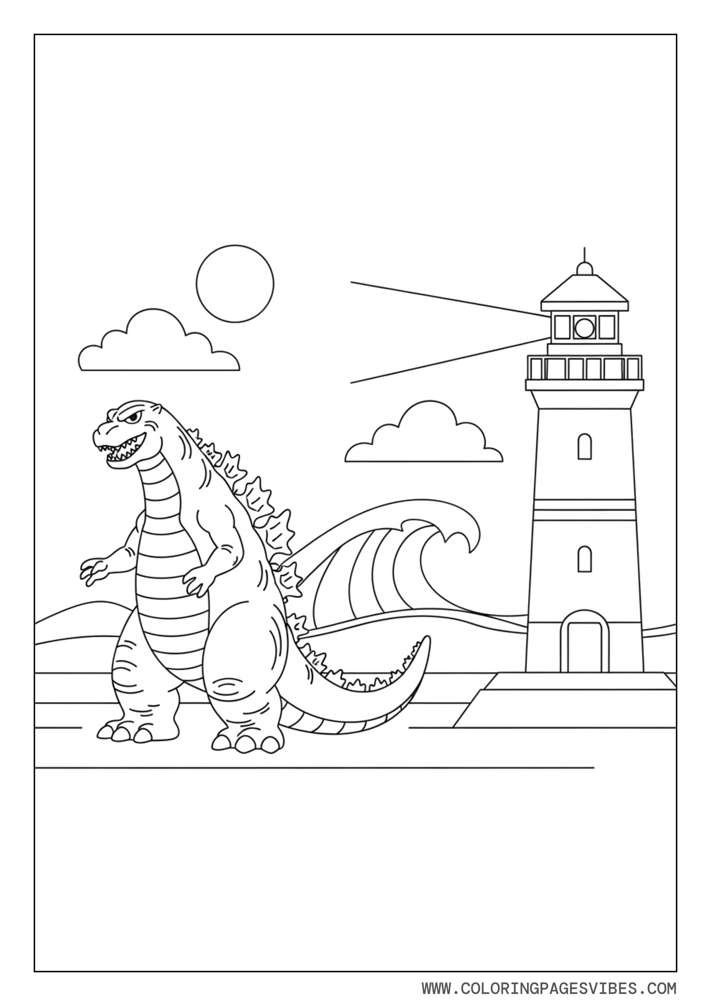 Godzilla Near a Simple Lighthouse