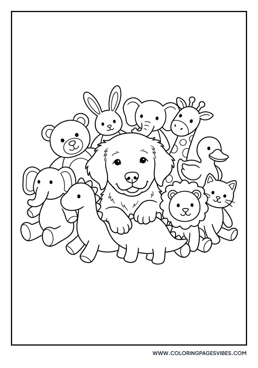 Golden Retriever in a Pile of Plushies