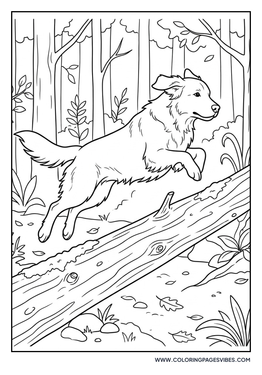 Golden Retriever Jumping over Log