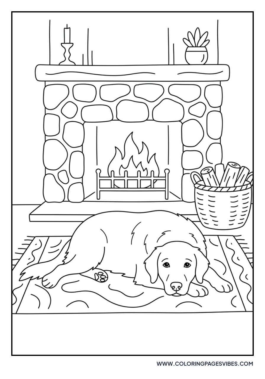 Golden Retriever near a Fireplace